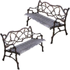Antique Pair of  French Twig Motif Iron & Wood Benches C. 1920