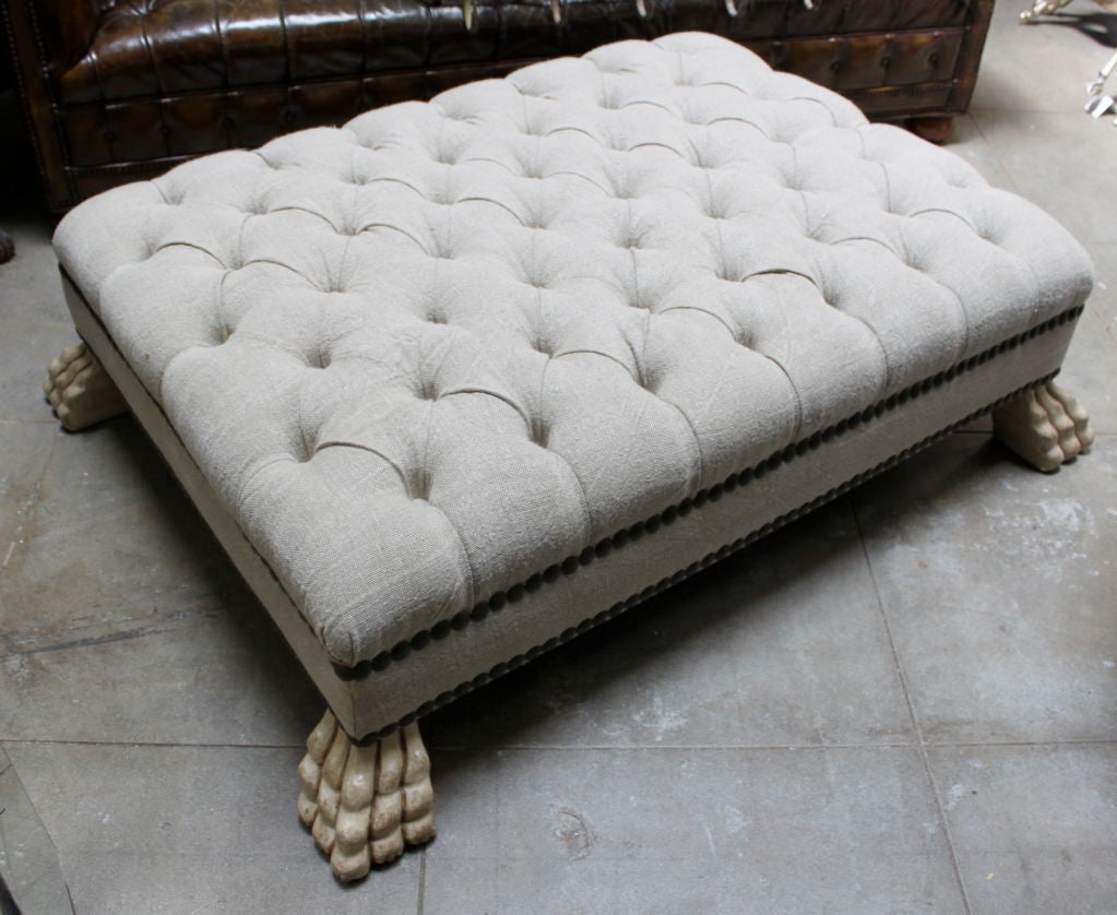 Belgian Custom Upholstered Belgium Linen Ottoman with Nailhead Trim