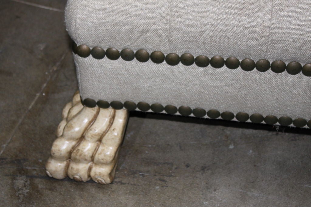 20th Century Custom Upholstered Belgium Linen Ottoman with Nailhead Trim