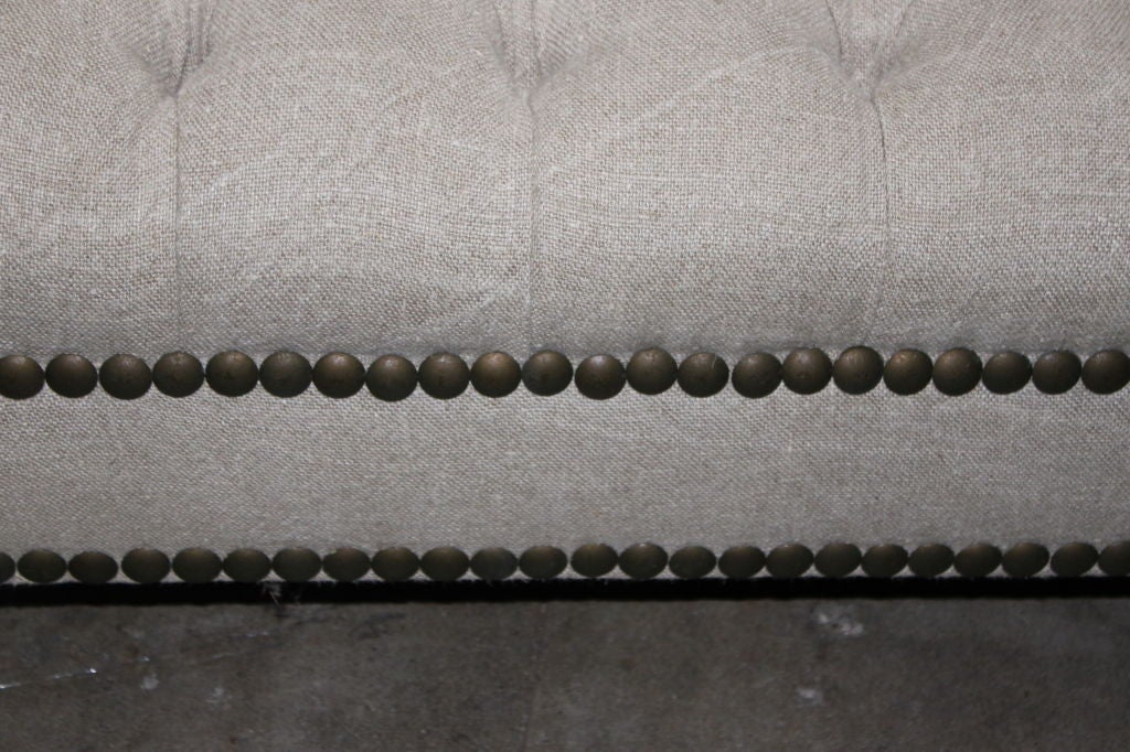 Paint Custom Upholstered Belgium Linen Ottoman with Nailhead Trim