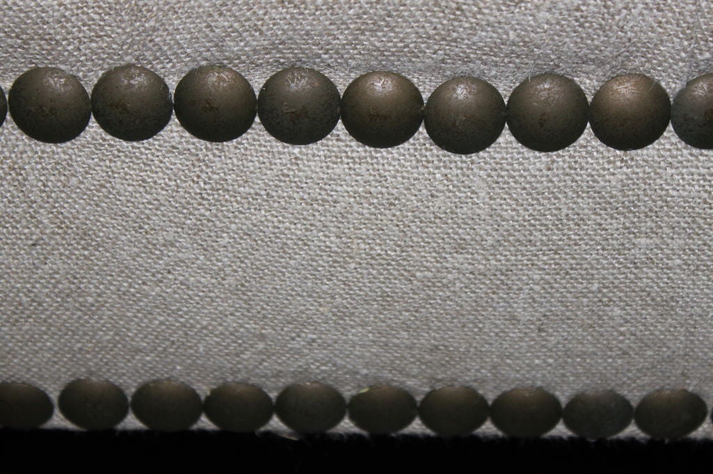 Custom Upholstered Belgium Linen Ottoman with Nailhead Trim 3
