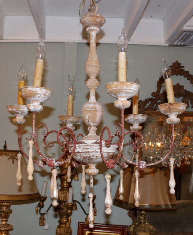 Primitive Carved Wood & Iron Chandelier