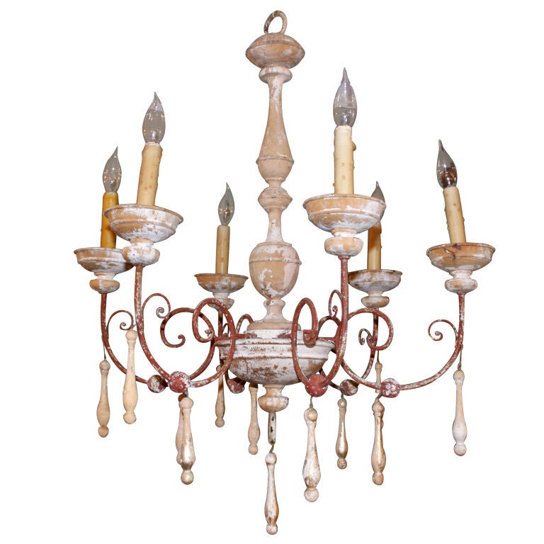 Primitive Carved Wood 
Iron Chandelier