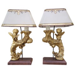Antique Pair of Italian Carved Cherub Lamps W/ Parchment Shades