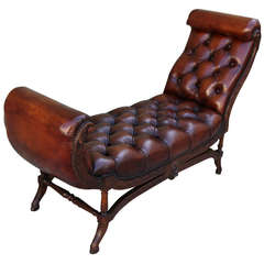 French Walnut Leather Tufted Chaise