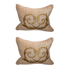 Pair of Belgium Linen Pillows with Gold Applique
