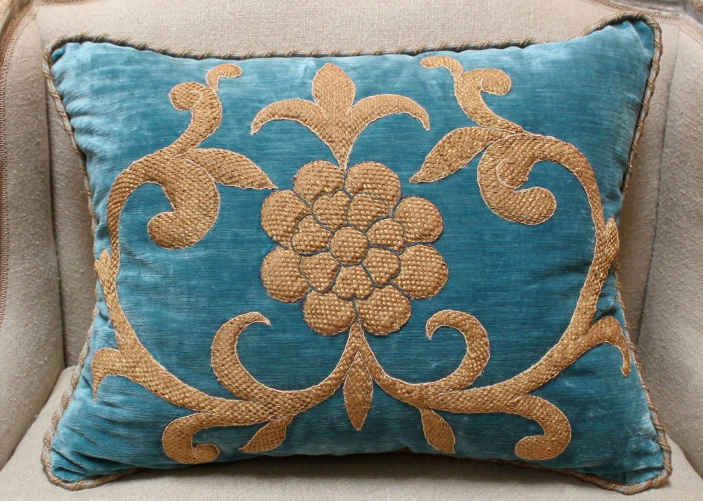 Pair of 19th C. Gold metallic appliqued turquoise velvet pillows with metallic cording.