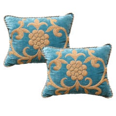Antique Pair of 19th Century Gold Appliqued Turquoise Velvet Pillows