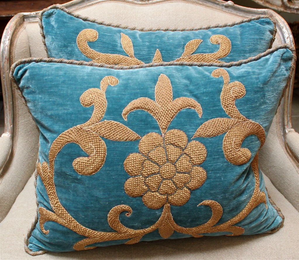 Italian Pair of 19th Century Gold Appliqued Turquoise Velvet Pillows