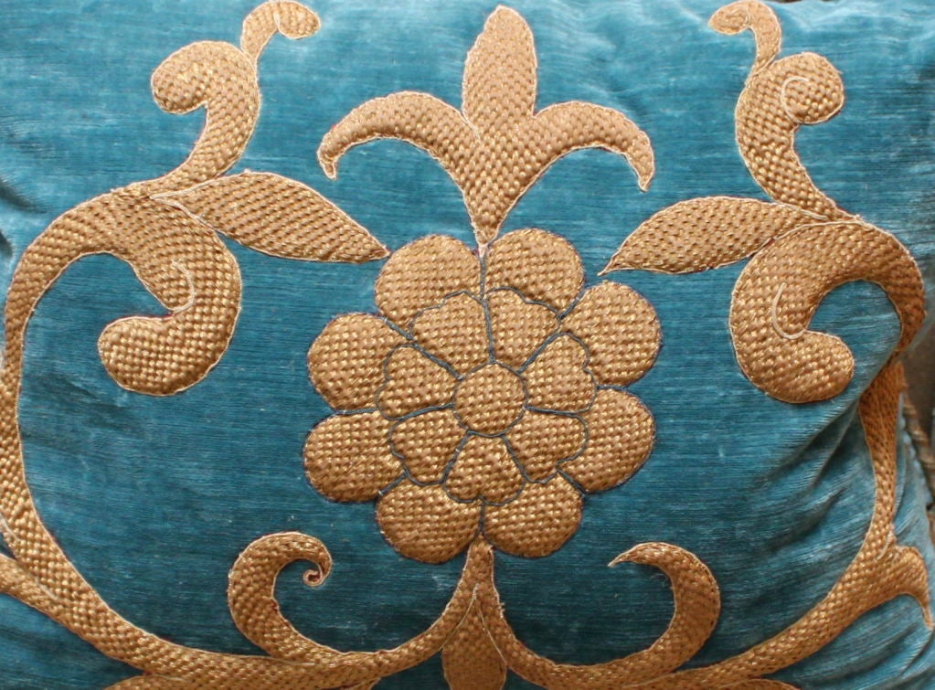 Down Pair of 19th Century Gold Appliqued Turquoise Velvet Pillows