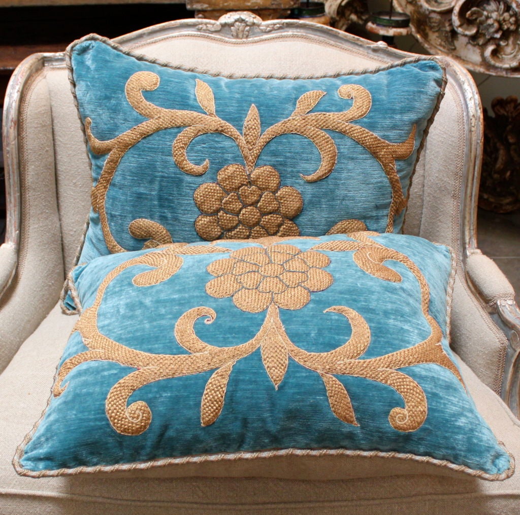 Pair of 19th Century Gold Appliqued Turquoise Velvet Pillows 1