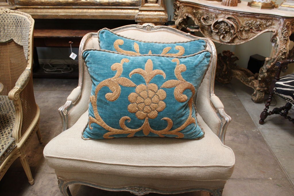 Pair of 19th Century Gold Appliqued Turquoise Velvet Pillows 4