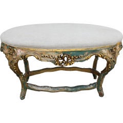 Carved Painted 
Gold Gilt Bench with Belgium Linen Upholstery