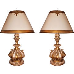 Pair of Carved Italian Painted & Parcel Gilt Lamps with Shades