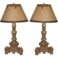 Pair of Carved Painted Italian Candlestick Lamps with Shades