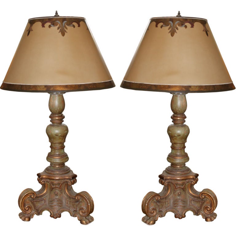 Pair of Carved Painted Italian Candlestick Lamps with Shades