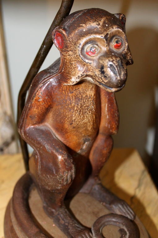 Antique Painted Monkey Lamp with Custom Lamp Shade In Good Condition In Los Angeles, CA