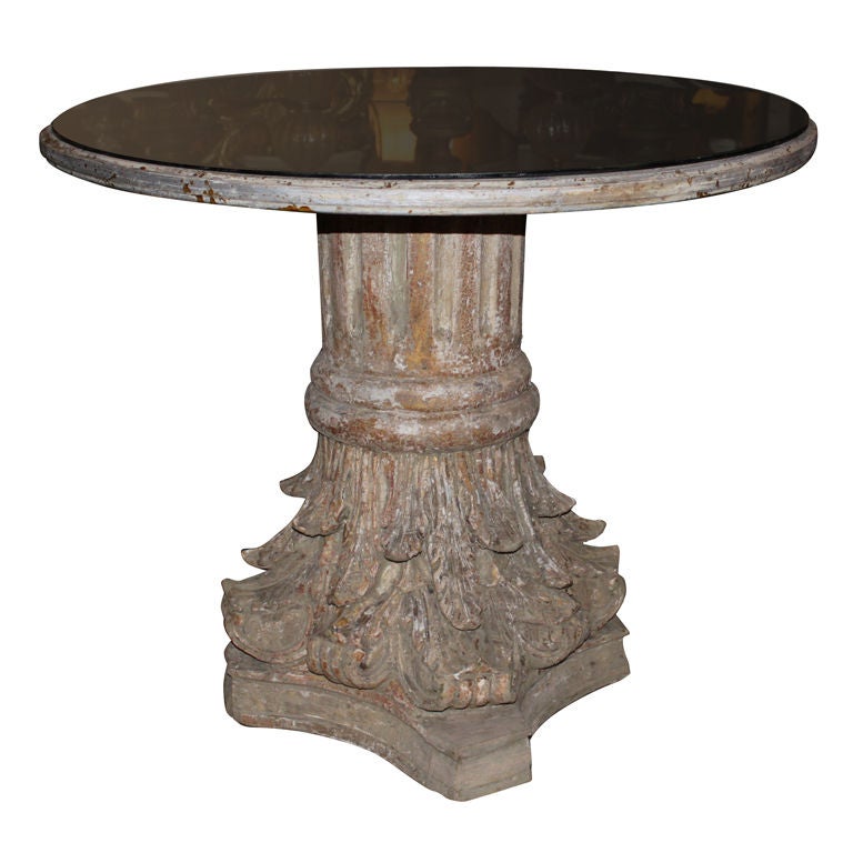 Carved Italian Capital Table Base with Antiqued Mirrored Top