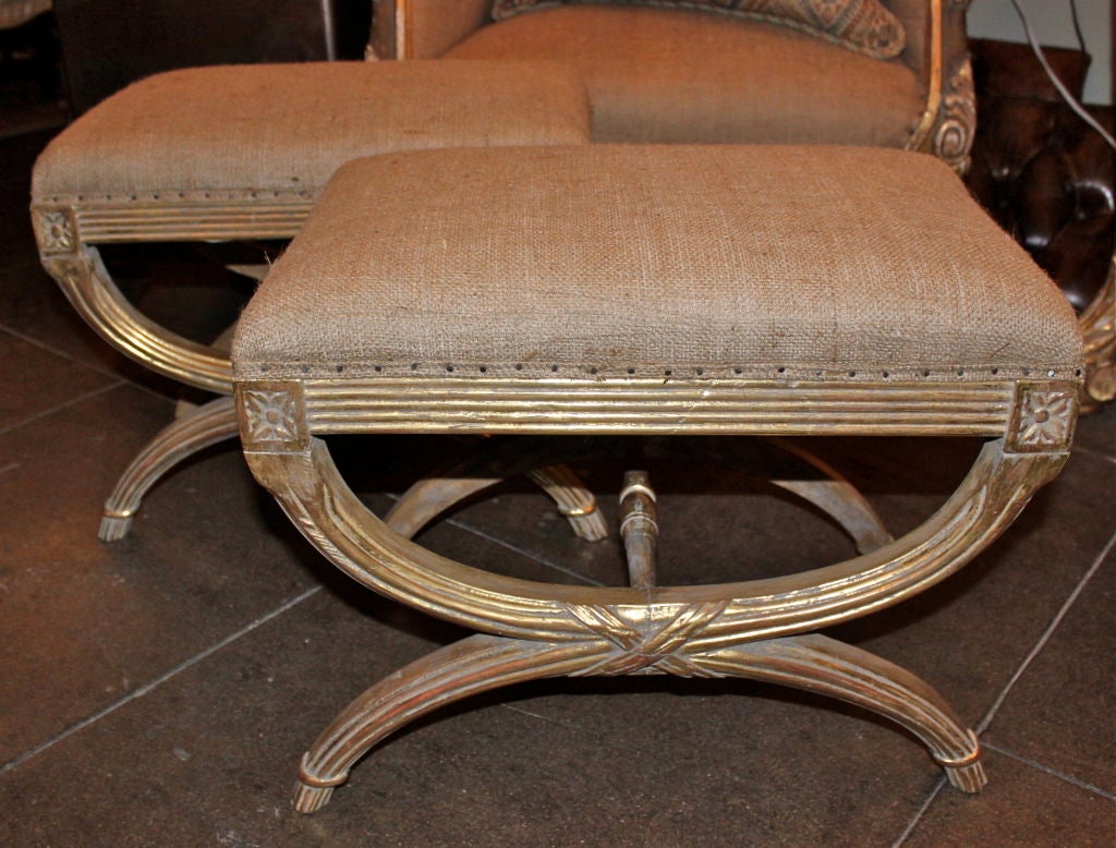 Pair of Italian Giltwood Benches with Burlap Upholstery