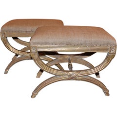 Pair of Italian Giltwood Benches with Burlap Upholstery