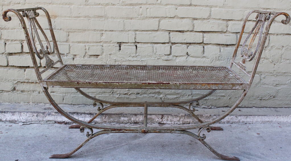 Wrought Iron Painted Lyre Bench with Linen Box Cushion