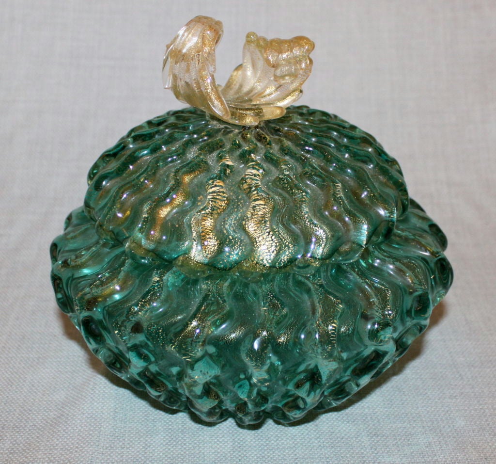Murano Glass Aqua Green Colored Dish with Lid