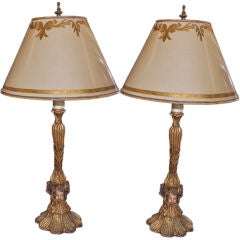 Vintage Pair of Carved Italian Cherub Head Lamps with Custom Shades