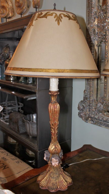 Pair of Carved Italian Cherub Head Lamps with Custom Shades