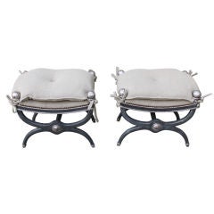 Pair of Italian Painted and Silver Gilt Benches C. 1920's