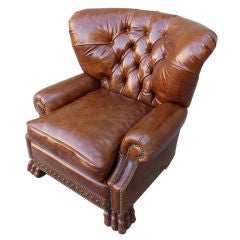 Leather Tufted Armchair with Carved Lion Feet