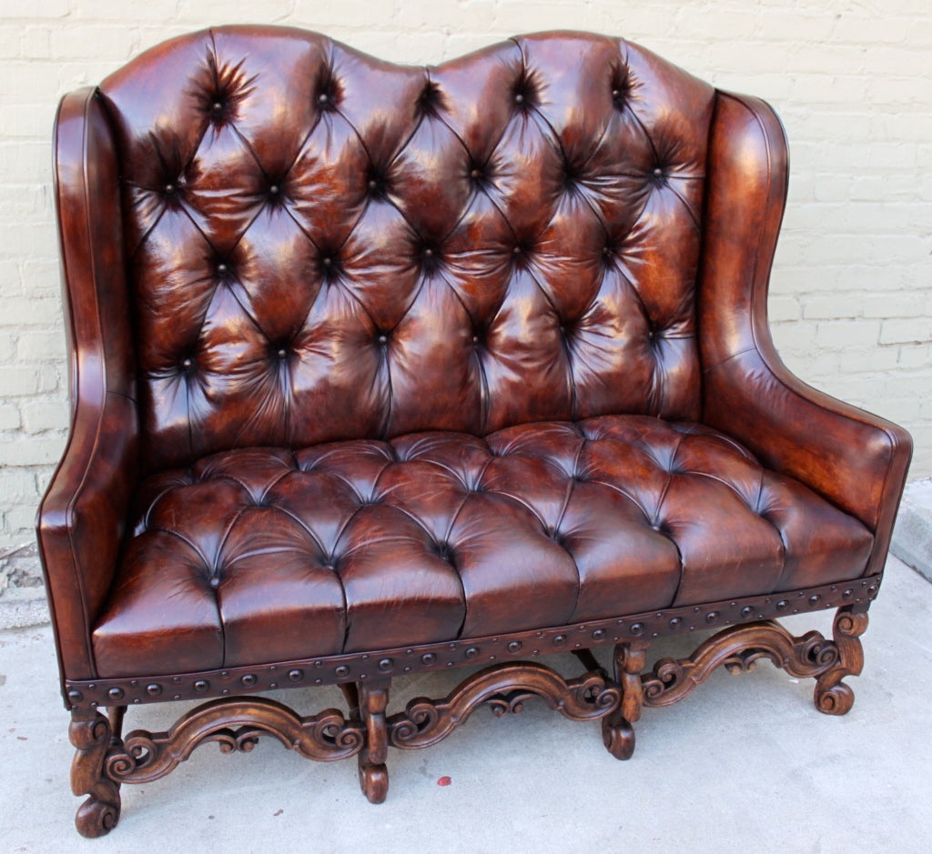 English Carved Leather Tufted Sofa C. 1900's