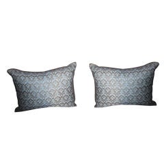 Vintage Pair of "Delfino" Fortuny Aquamarine & Silvery Gold Pillows
