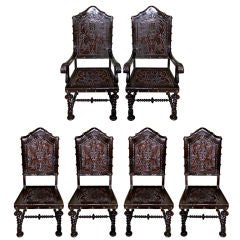 Antique Set of (2) Embossed Leather Armchairs & (4) Sidechairs