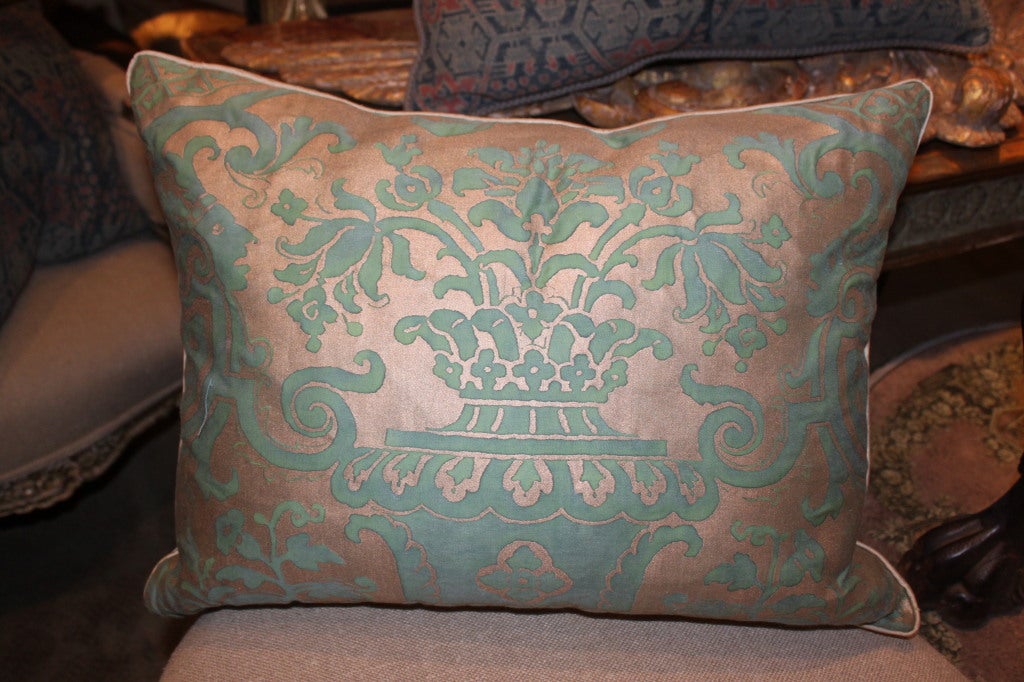 Pair of Aqua & Silvery Gold vintage Fortuny pillows with silk backs and self cording detail.  Down & feather inserts.