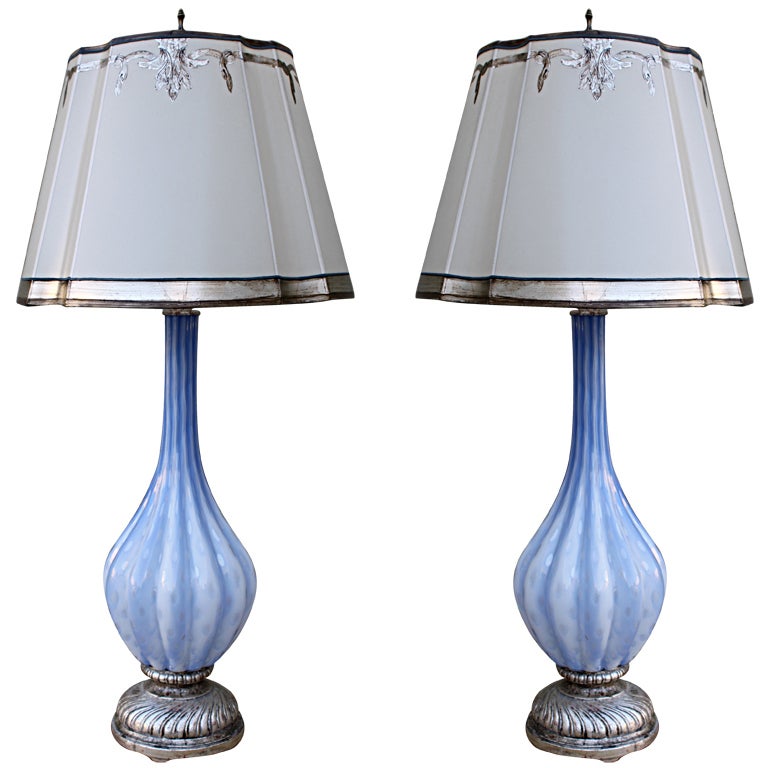 Pair of Italian Glass Murano Lamps with Custom Shades