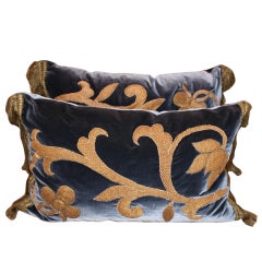 Antique Pair of Silk Velvet Appliqued Gold Metallic Pillows