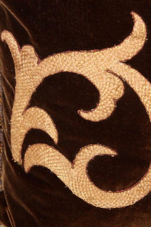 19th Century Silk Velvet Appliqued Gold Metallic Pillows, Pair