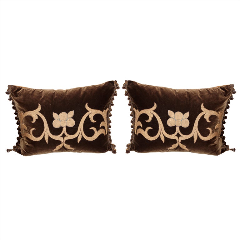 Silk Velvet Appliqued Gold Metallic Pillows, Pair