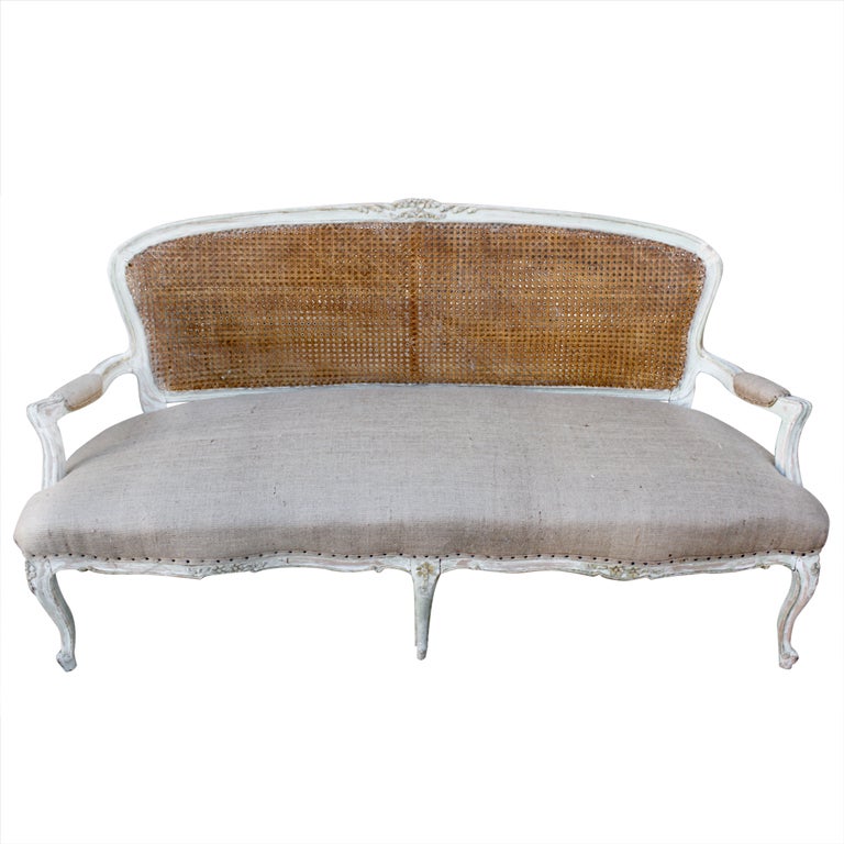 19th C. French Carved & Painted Cane Back Settee