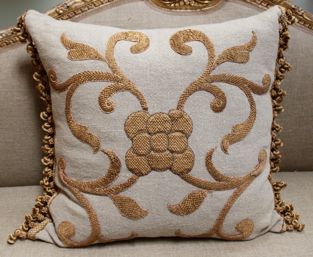 Rococo Pair of Antique Gold Appliqued Linen Pillows w/ Fringe