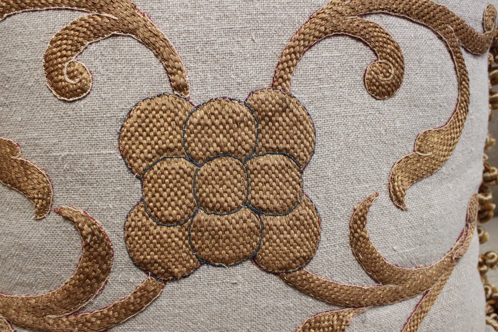 Italian Pair of Antique Gold Appliqued Linen Pillows w/ Fringe