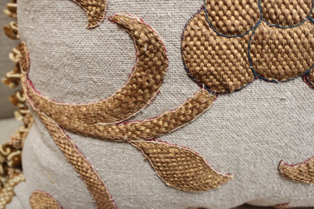 Pair of Antique Gold Appliqued Linen Pillows w/ Fringe 1