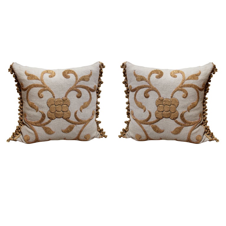 Pair of Antique Gold Appliqued Linen Pillows w/ Fringe