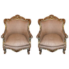 Antique Pair of French Painted & Parcel Gilt Armchairs C. 1900's