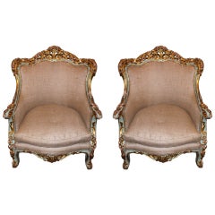 Pair of French Painted & Parcel Gilt Armchairs C. 1900's