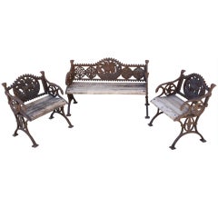 Set of Wrought Iron & Wood Garden Set with Dogs