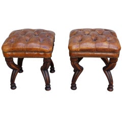 Antique Pair of Leather Tufted Benches with Carved Legs