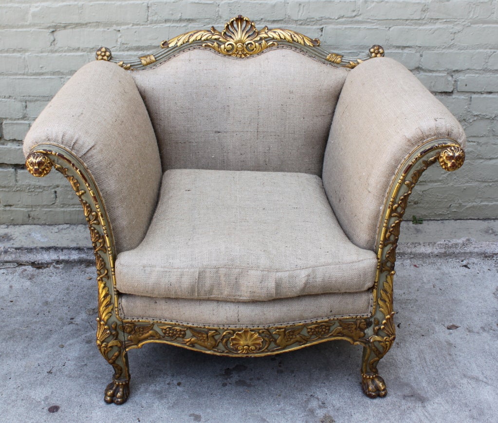 Pair of French carved painted & parcel gilt armchairs newly upholstered in burlap textile.