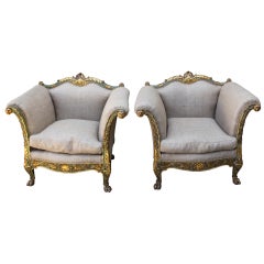 Antique Pair of French Painted & Parcel Gilt Armchairs C. 1880's