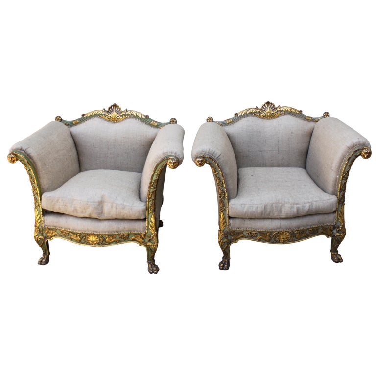 Pair of French Painted & Parcel Gilt Armchairs C. 1880's